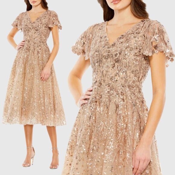 Mac Duggal 20392 Womens Size 6 Beige Taupe Embellished Midi Tulle Sequin Dress - Picture 1 of 4